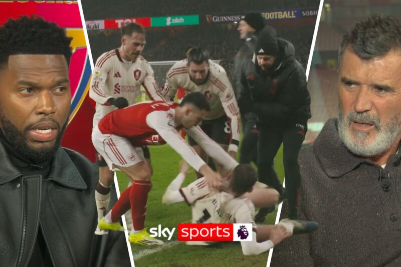 Roy Keane And Daniel Sturridge react to Gabriel Martinelli pushing Conor Bradley whilst he was down injured